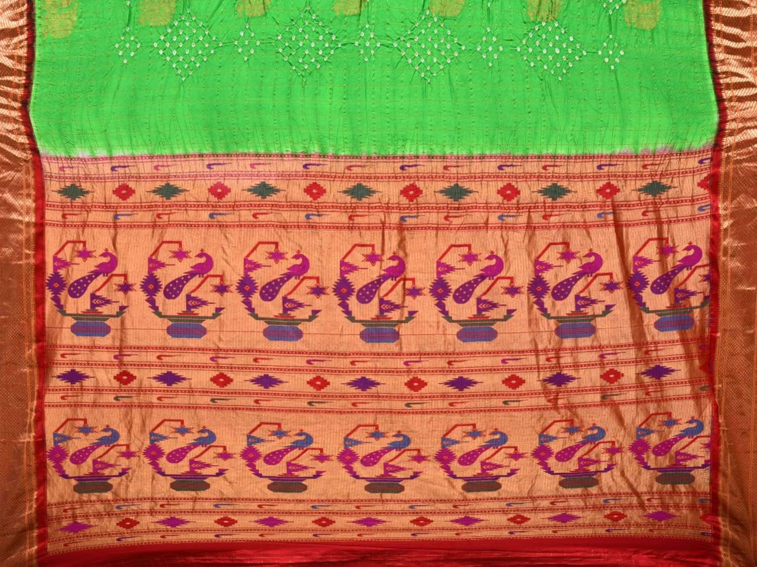 Green and Red Bandhani Paithani Silk Handloom Saree with Buta and Checks Design bn0188