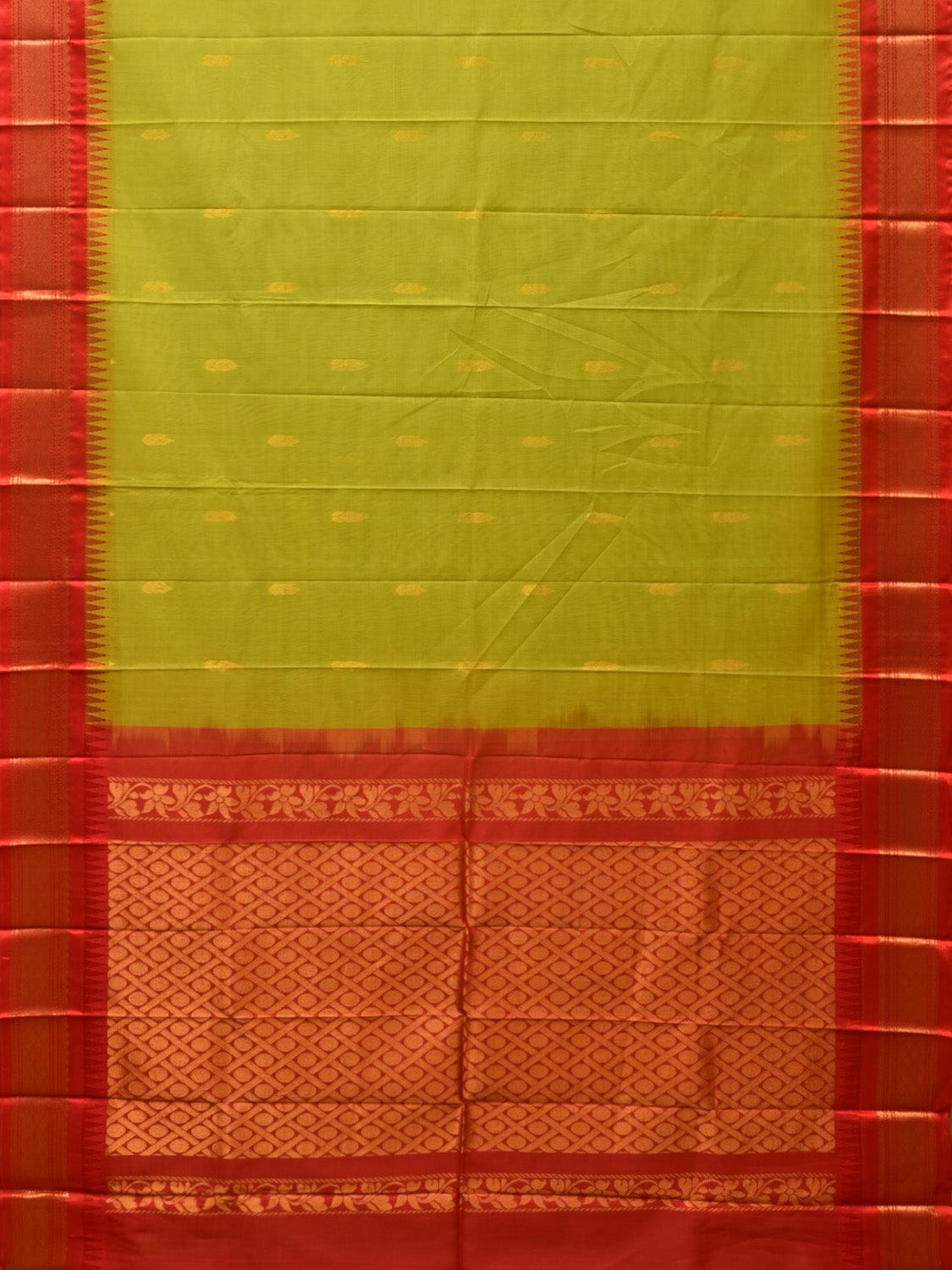 Green and Red Gadwal Cotton Plain Saree with Body Buta and Pallu Design No Blouse g0349