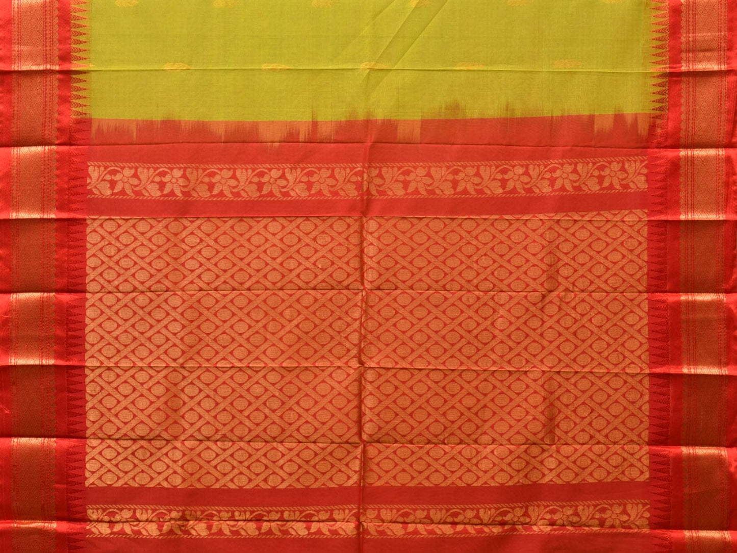 Green and Red Gadwal Cotton Plain Saree with Body Buta and Pallu Design No Blouse g0349