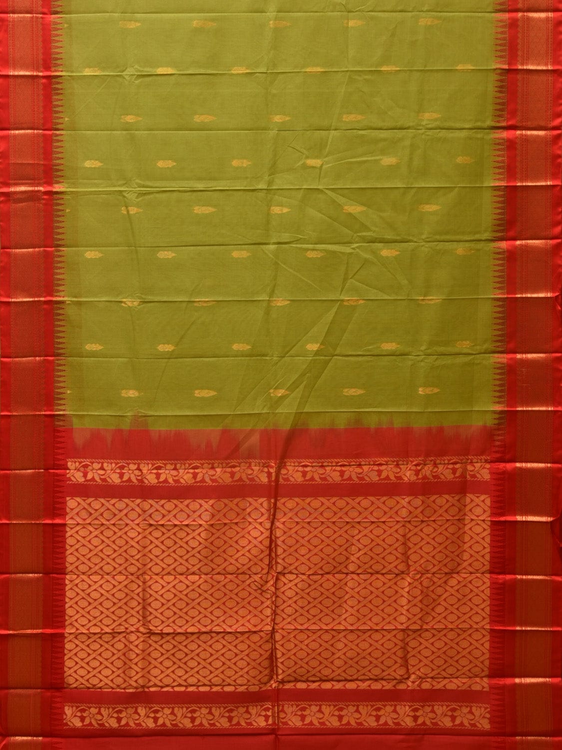 Green and Red Gadwal Cotton Plain Saree with Body Buta and Pallu Design No Blouse g0358