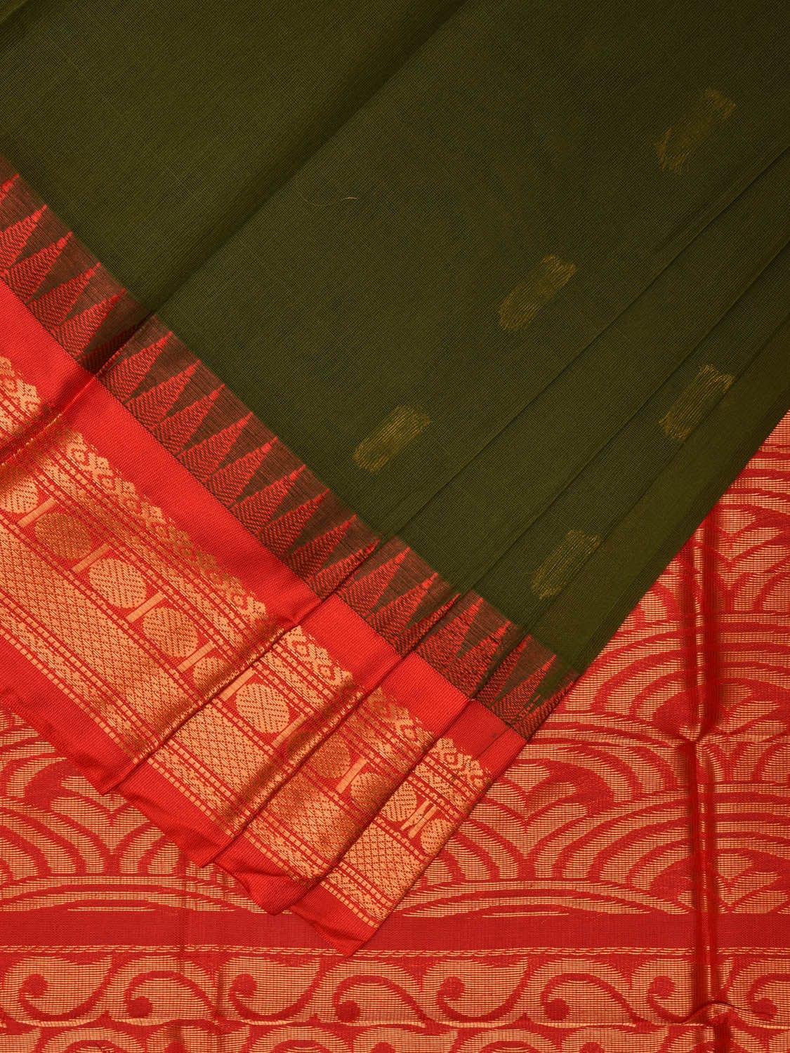 Green and Red Gadwal Cotton Saree with Pallu and Border Design No Blouse g0419