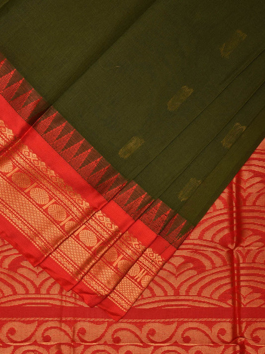 Green and Red Gadwal Cotton Saree with Pallu and Border Design No Blouse g0419