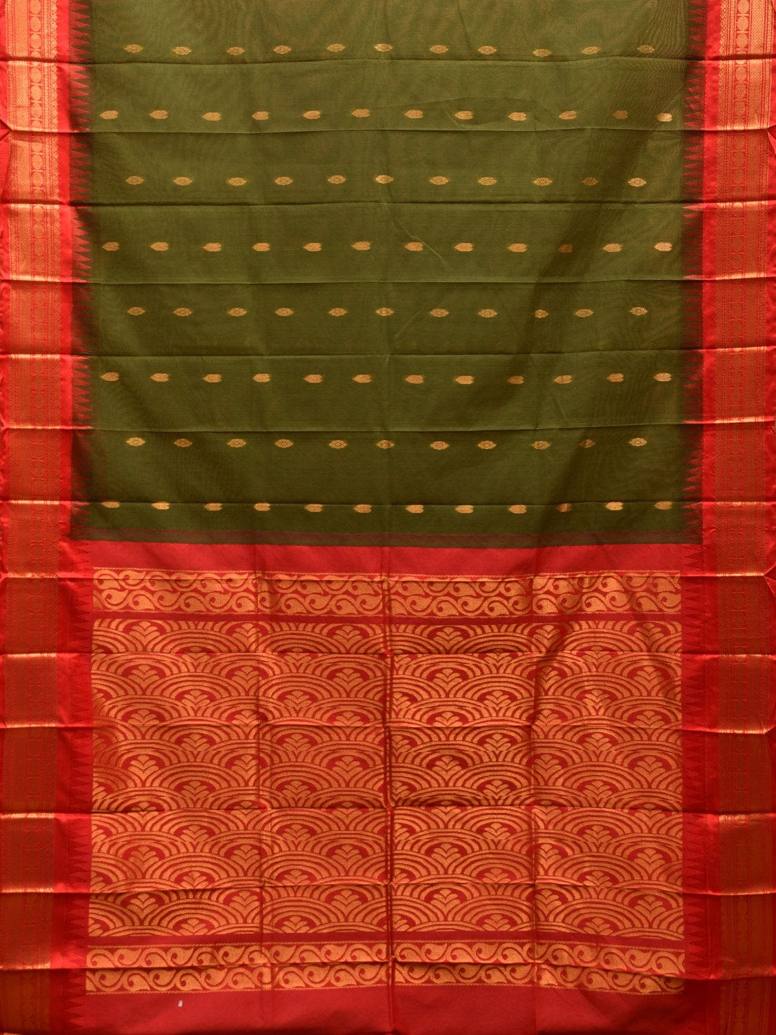 Green and Red Gadwal Cotton Saree with Pallu and Border Design No Blouse g0419