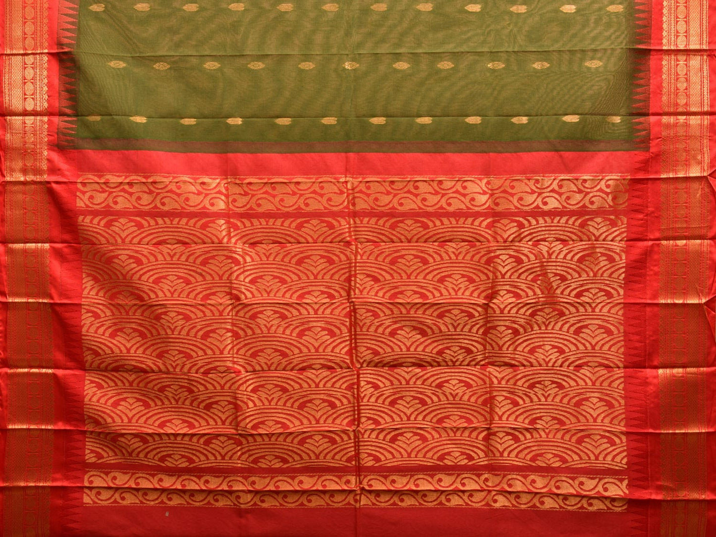 Green and Red Gadwal Cotton Saree with Pallu and Border Design No Blouse g0419
