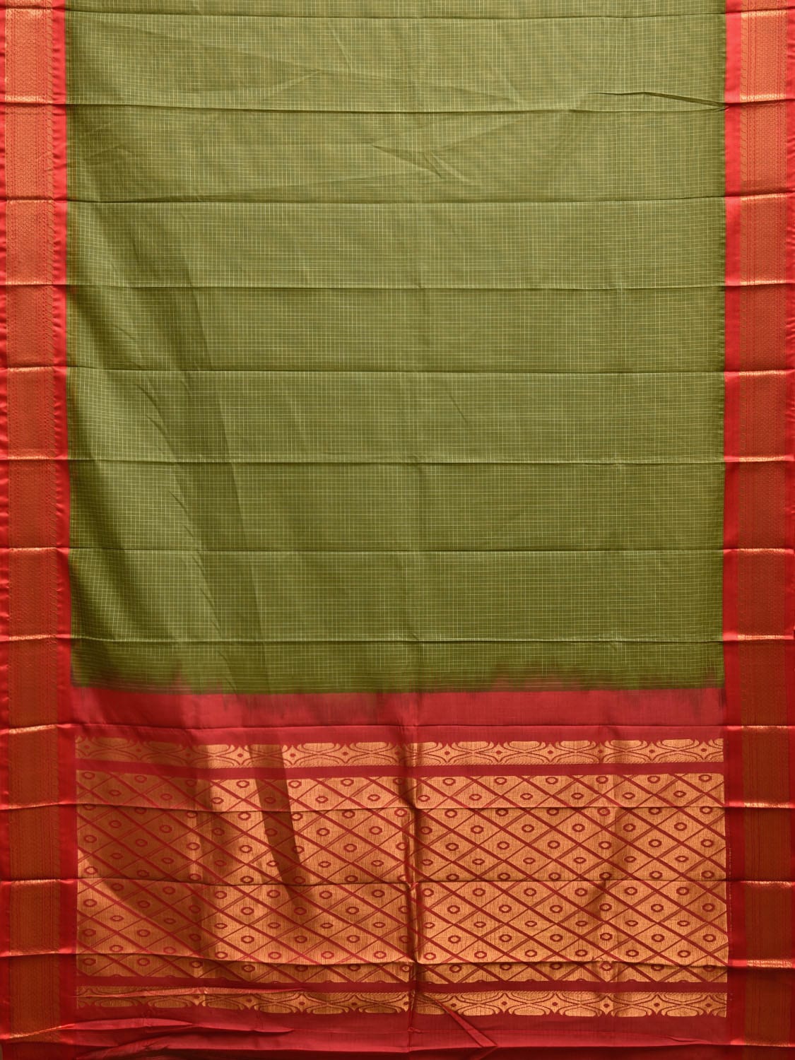 Green and Red Gadwal Cotton Viscose Saree with Checks and Pallu Design No Blouse g0470