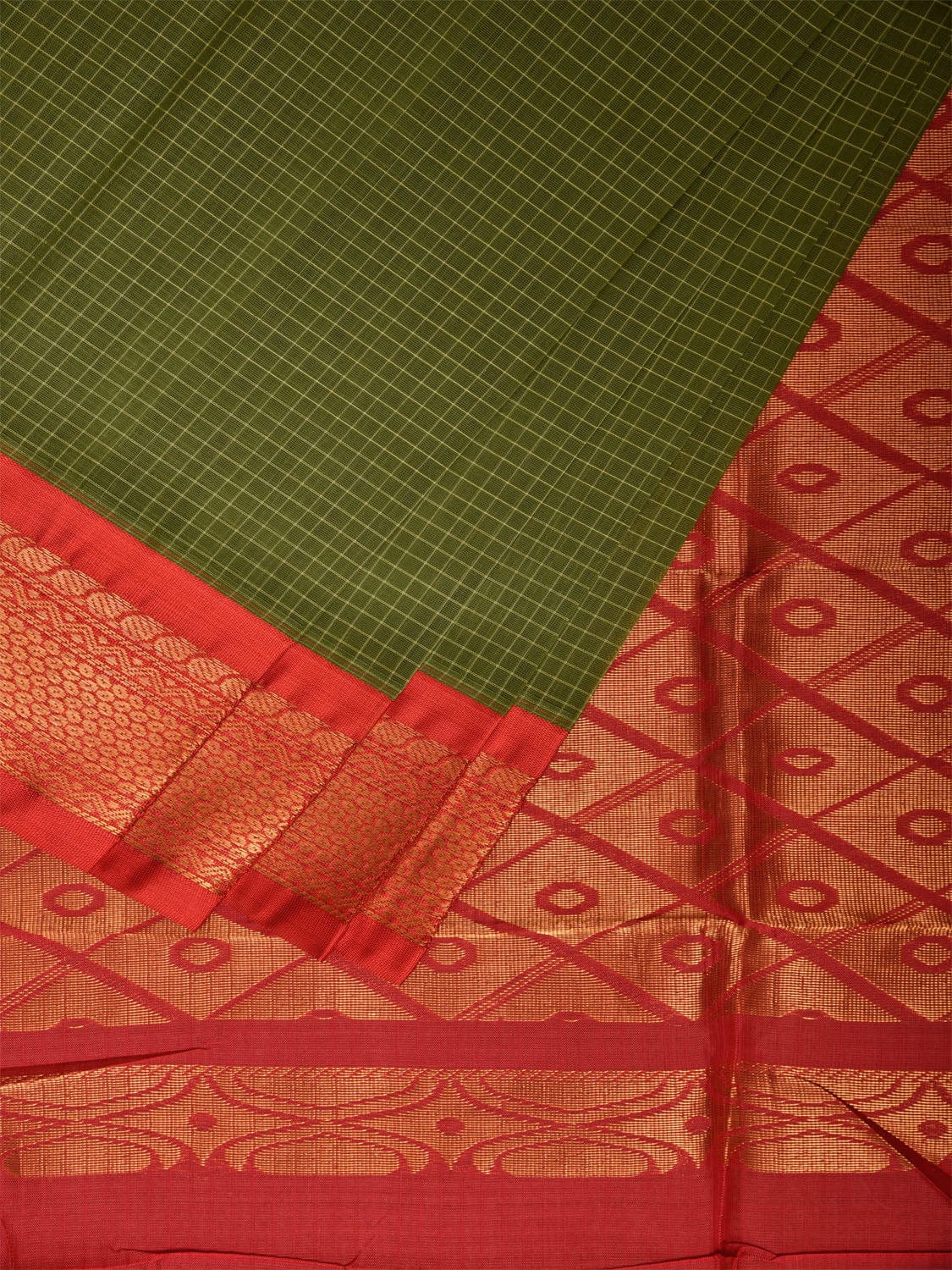 Green and Red Gadwal Cotton Viscose Saree with Checks and Pallu Design No Blouse g0470