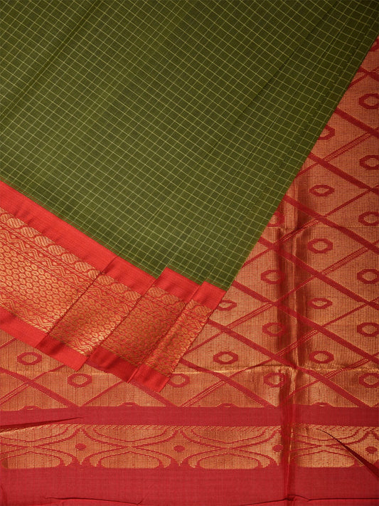 Green and Red Gadwal Cotton Viscose Saree with Checks and Pallu Design No Blouse g0470