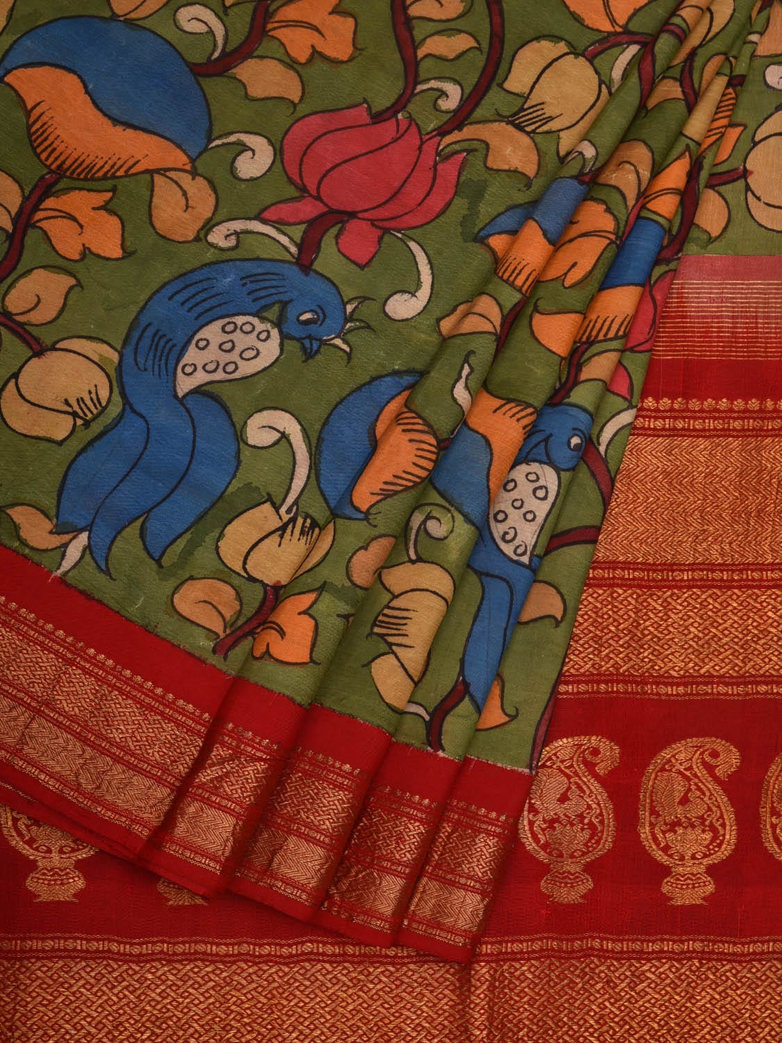 Green and Red Kalamkari Hand Painted Gadwal Silk Handloom Saree with Lotus and Peacock Design KL0657