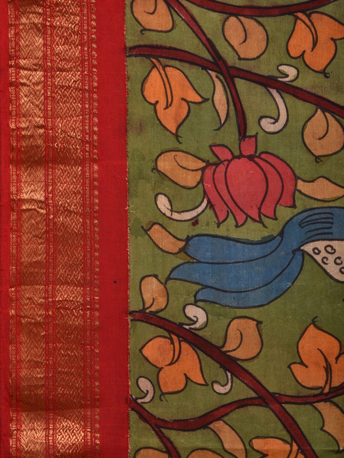 Green and Red Kalamkari Hand Painted Gadwal Silk Handloom Saree with Lotus and Peacock Design KL0657