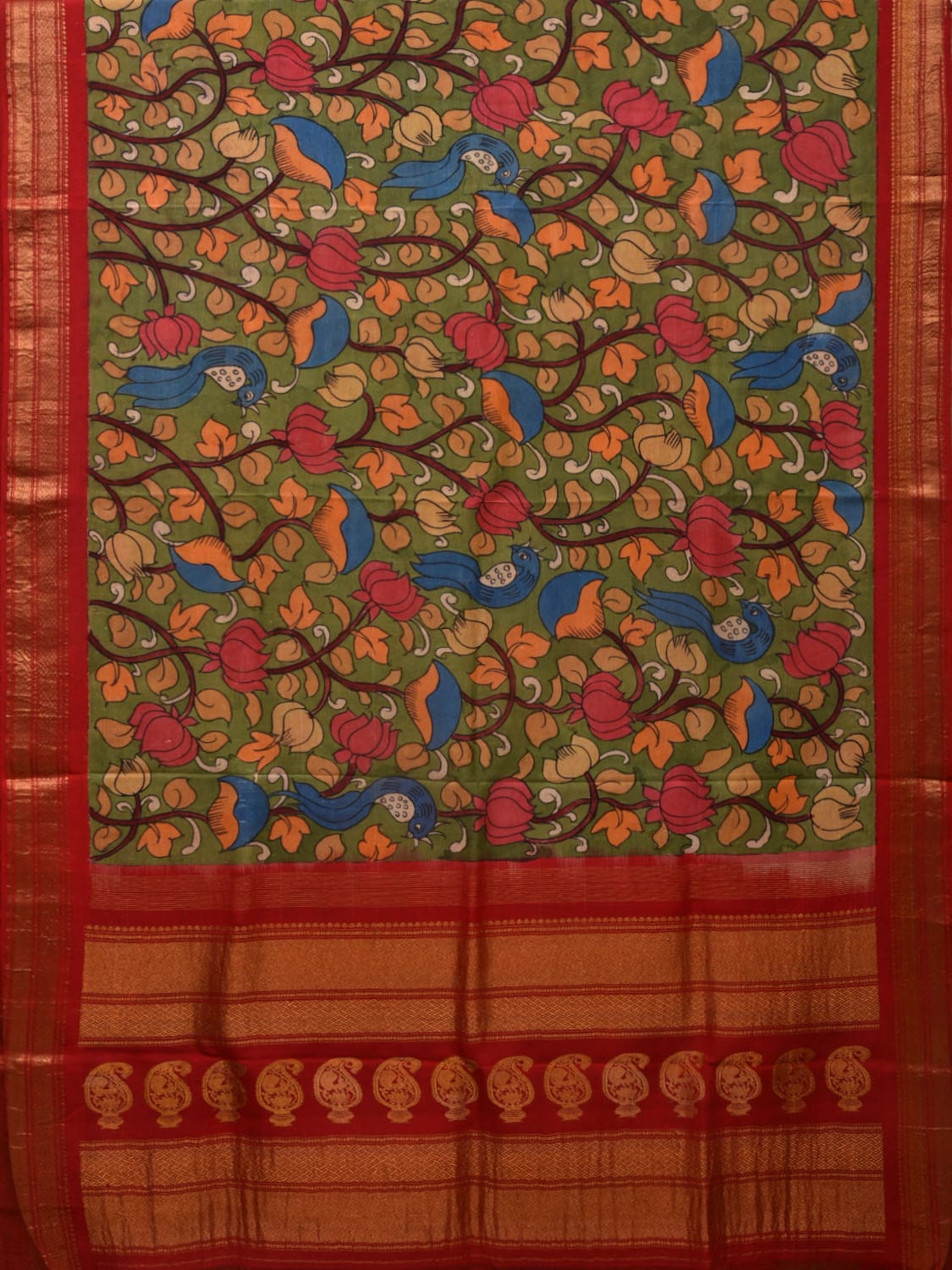 Green and Red Kalamkari Hand Painted Gadwal Silk Handloom Saree with Lotus and Peacock Design KL0657