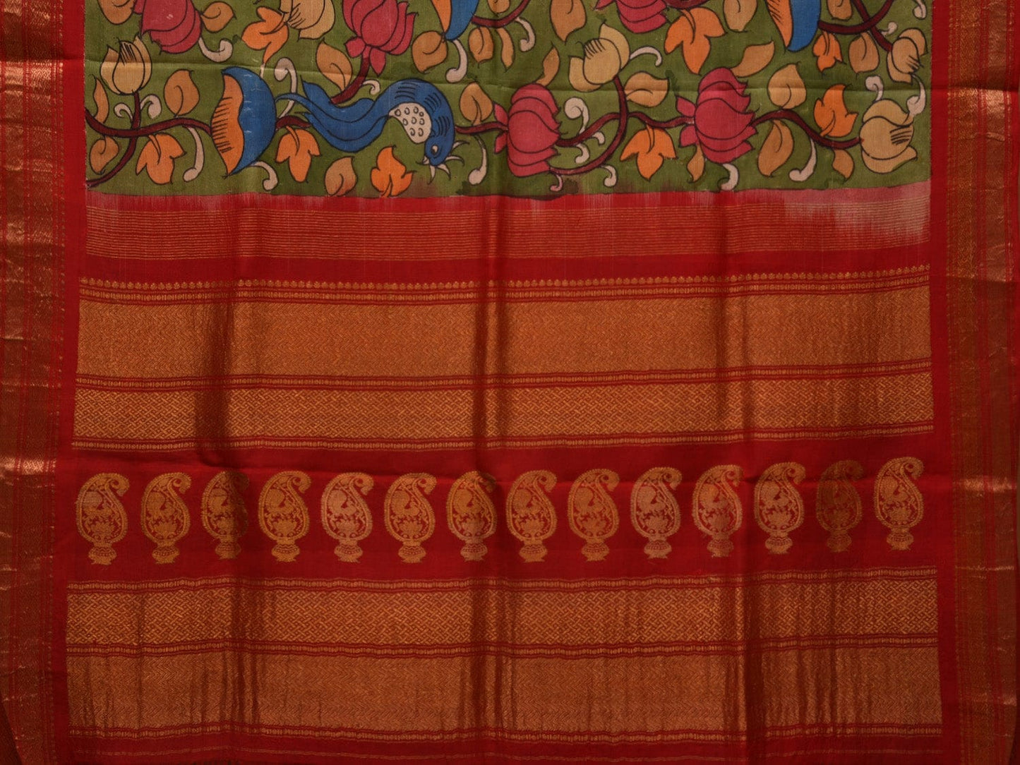 Green and Red Kalamkari Hand Painted Gadwal Silk Handloom Saree with Lotus and Peacock Design KL0657