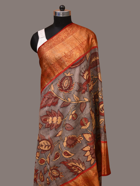 Green and Red Kalamkari Hand Painted Kanchipuram Silk Handloom Dupatta with Floral Design ds3535