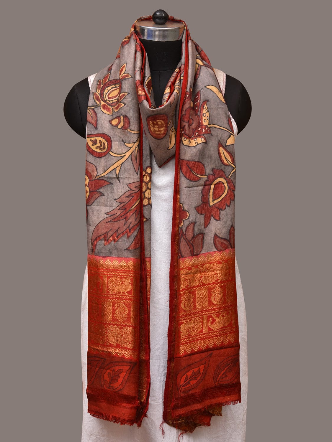 Green and Red Kalamkari Hand Painted Kanchipuram Silk Handloom Dupatta with Floral Design ds3535