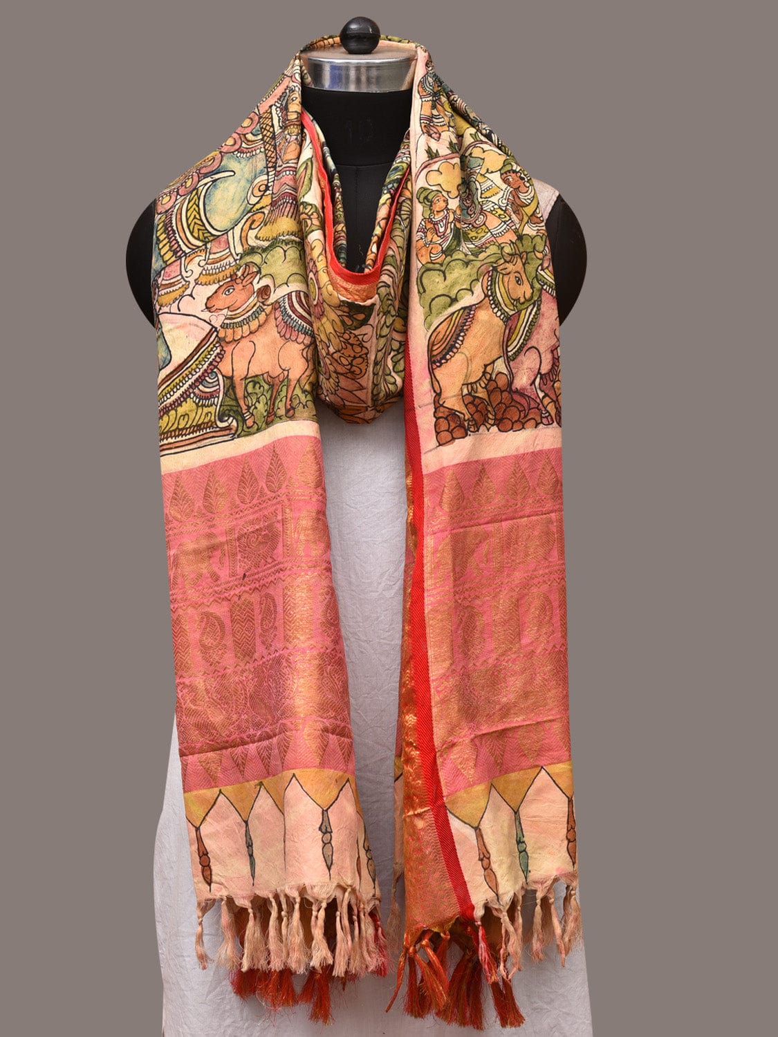 Green and Red Kalamkari Hand Painted Kanchipuram Silk Handloom Dupatta with Krishna Design ds3450