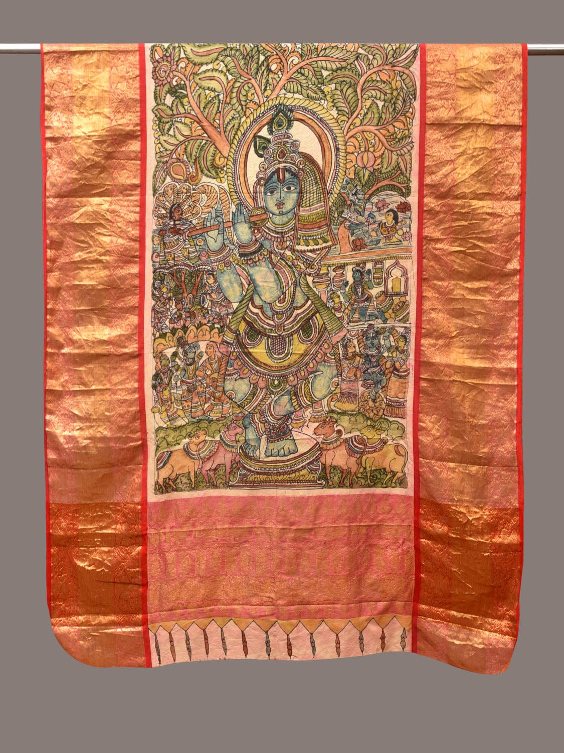 Green and Red Kalamkari Hand Painted Kanchipuram Silk Handloom Dupatta with Krishna Design ds3450