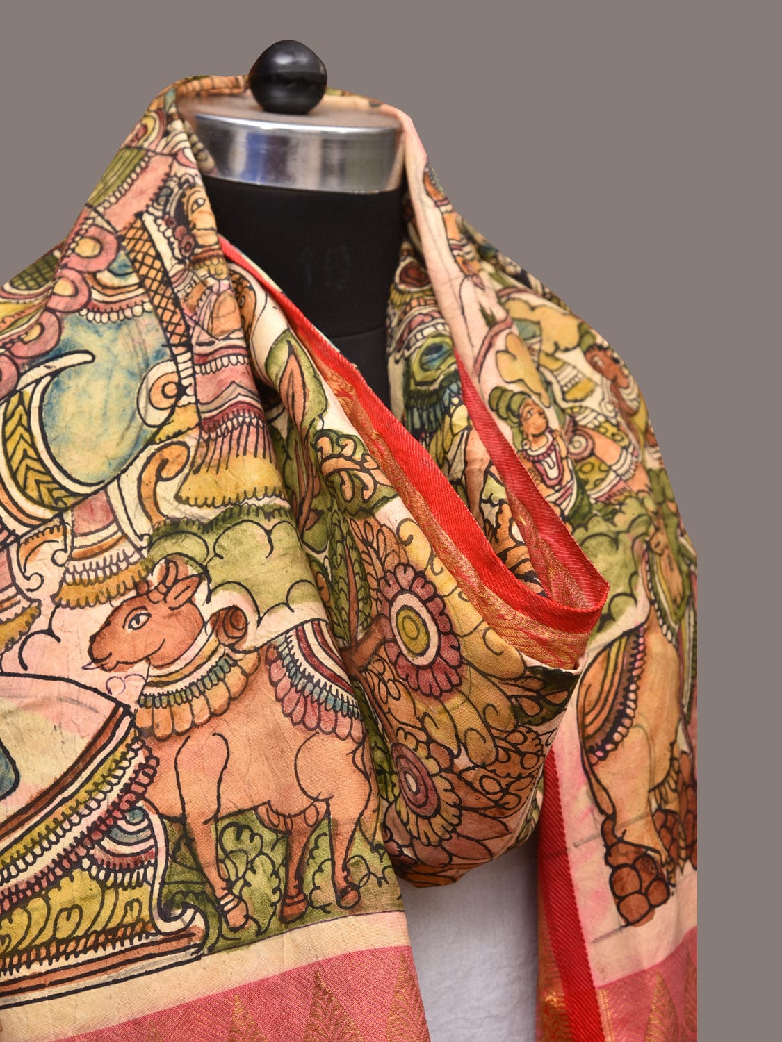 Green and Red Kalamkari Hand Painted Kanchipuram Silk Handloom Dupatta with Krishna Design ds3450