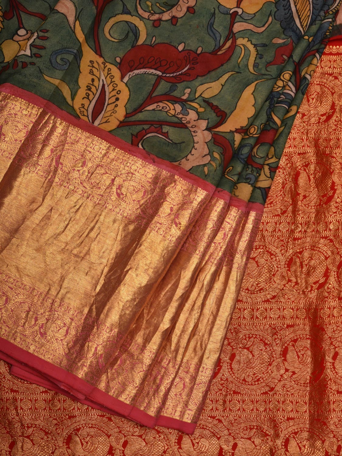 Green and Red Kalamkari Hand Painted Kanchipuram Silk Handloom Saree with Floral Design KL0628
