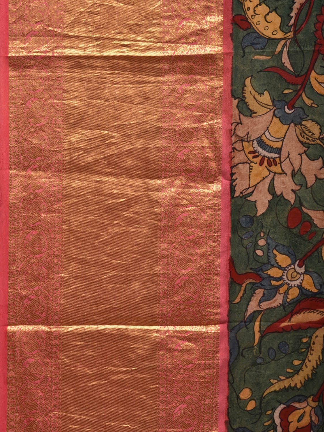 Green and Red Kalamkari Hand Painted Kanchipuram Silk Handloom Saree with Floral Design KL0628