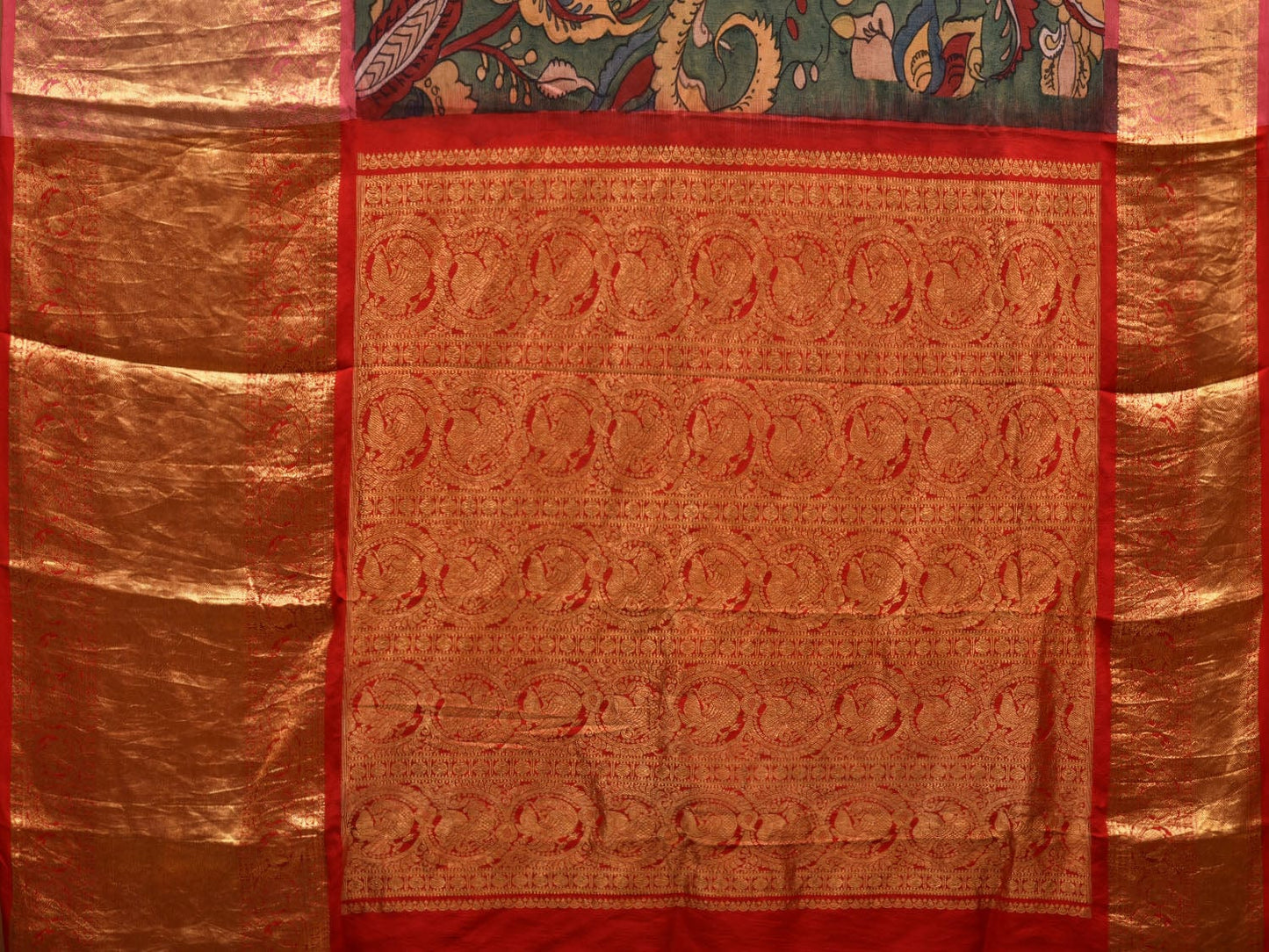 Green and Red Kalamkari Hand Painted Kanchipuram Silk Handloom Saree with Floral Design KL0628