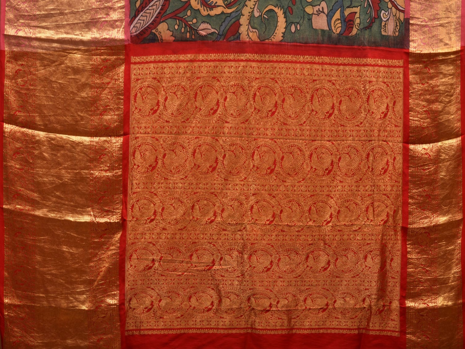 Green and Red Kalamkari Hand Painted Kanchipuram Silk Handloom Saree with Floral Design KL0628