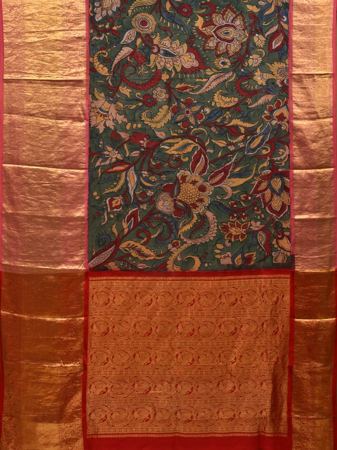 Green and Red Kalamkari Hand Painted Kanchipuram Silk Handloom Saree with Floral Design KL0628
