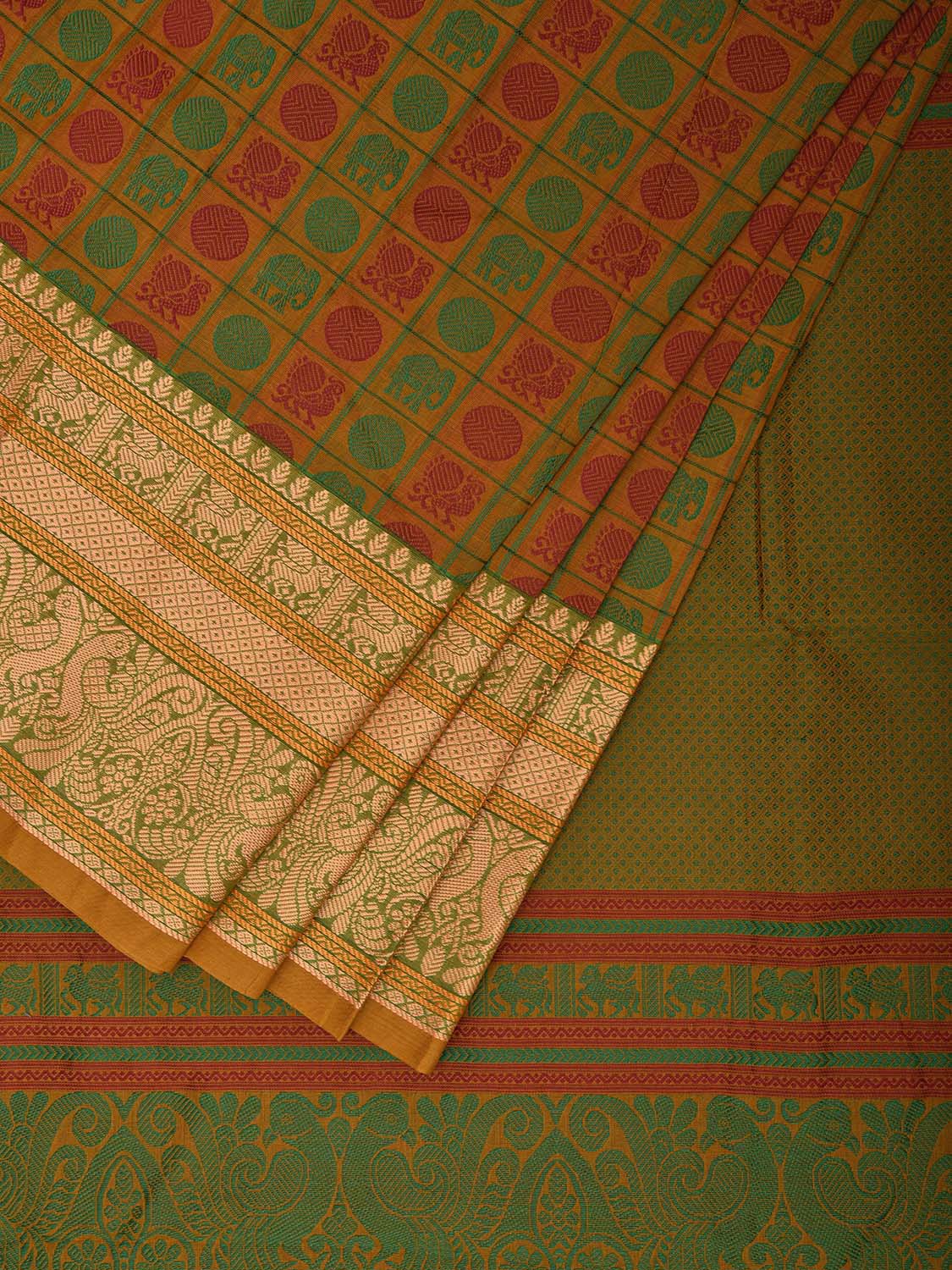 Green and Red Kanchipuram Cotton Saree with All Over Buta and Border Design k0723