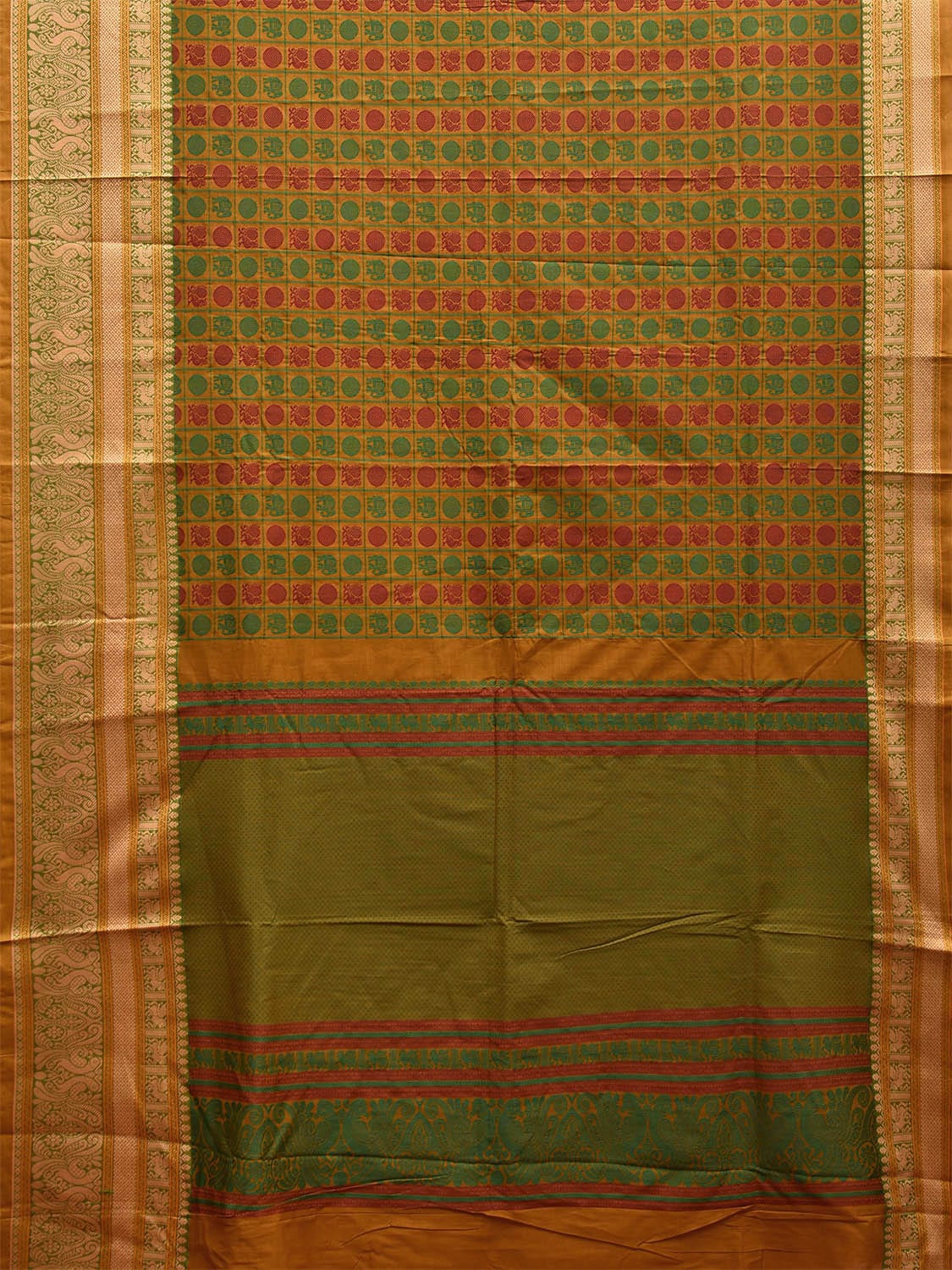 Green and Red Kanchipuram Cotton Saree with All Over Buta and Border Design k0723