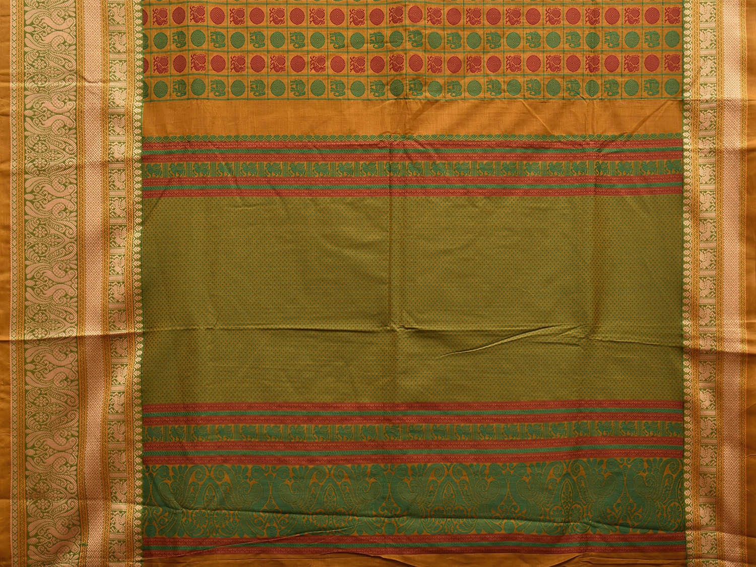 Green and Red Kanchipuram Cotton Saree with All Over Buta and Border Design k0723