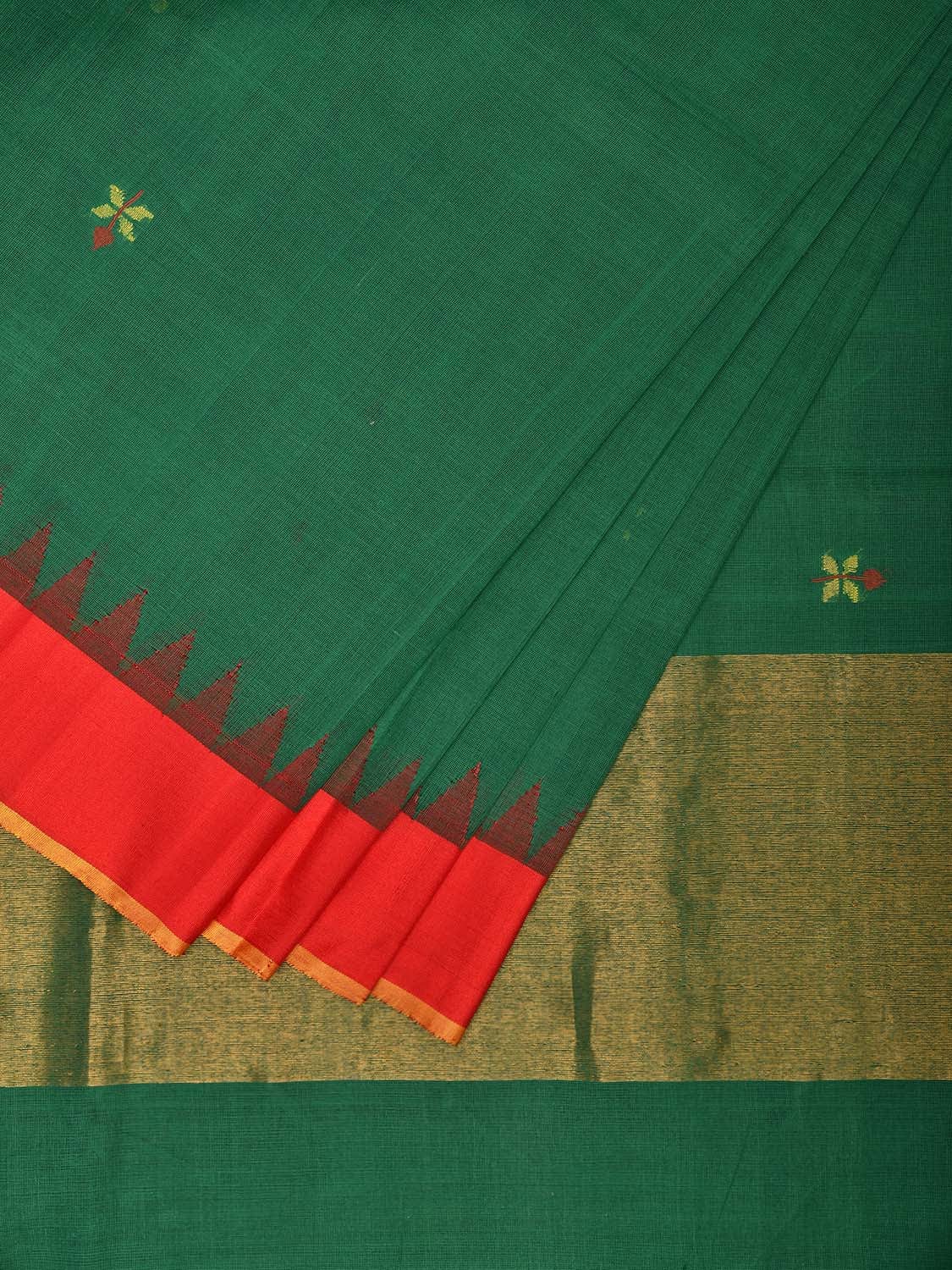 Green and Red Khadi Cotton Handloom Saree with Jamdani Buta Design kh0687