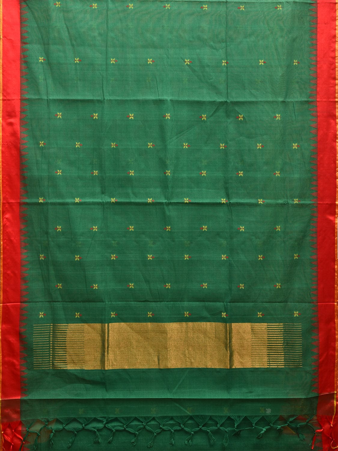 Green and Red Khadi Cotton Handloom Saree with Jamdani Buta Design kh0687