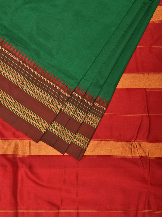 Green and Red Narayanpet Silk Handloom Plain Saree with Contrast Pallu Design No Blouse np1059
