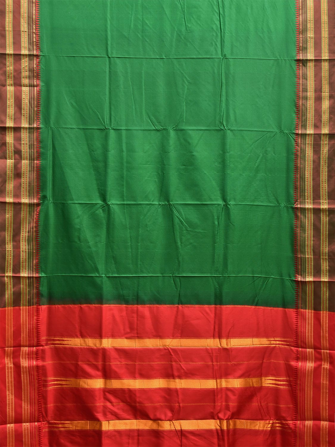 Green and Red Narayanpet Silk Handloom Plain Saree with Contrast Pallu Design No Blouse np1059