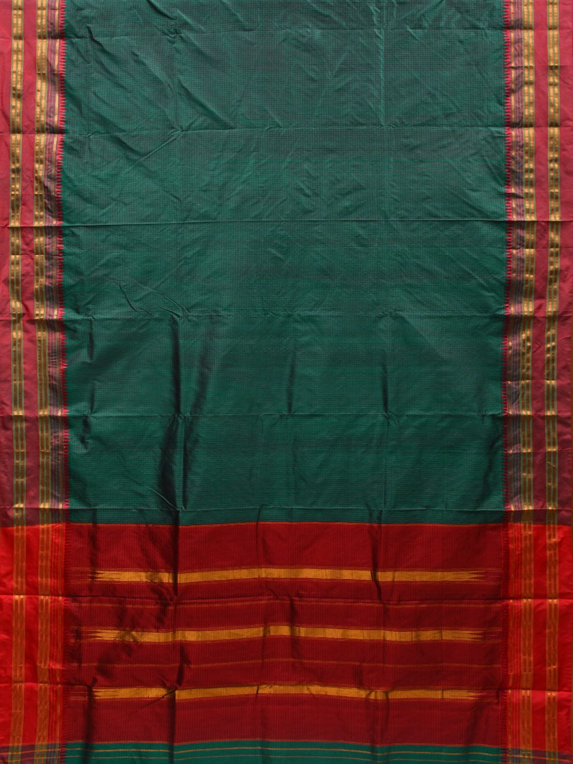 Green and Red Narayanpet Silk Handloom Plain Saree with Traditional Border Design No Blouse np0584