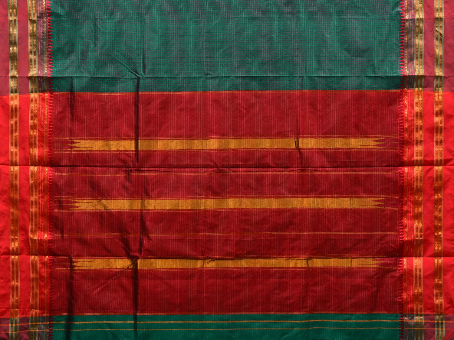 Green and Red Narayanpet Silk Handloom Plain Saree with Traditional Border Design No Blouse np0584