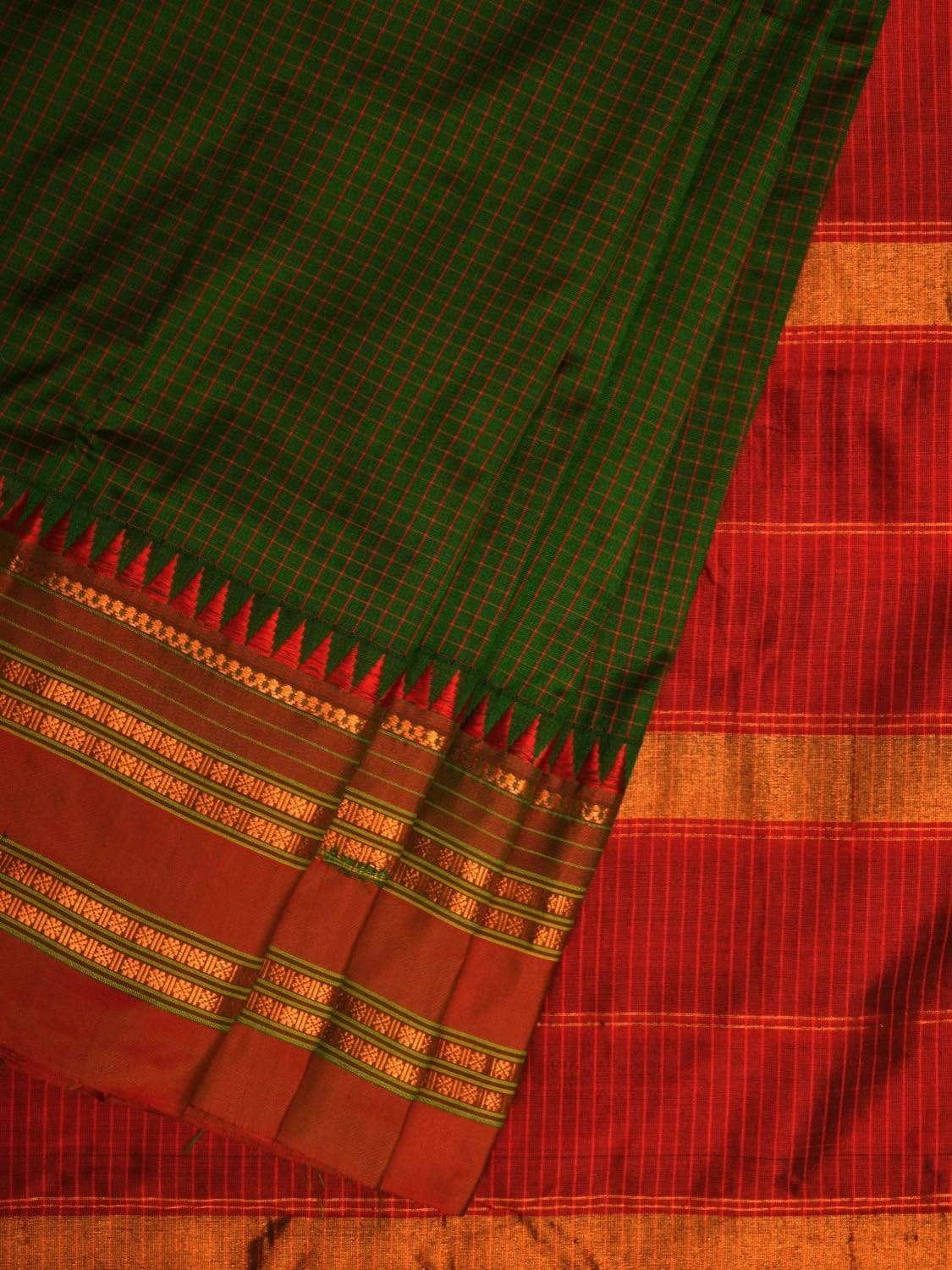 Green and Red Narayanpet Silk Handloom Saree with Checks Design No Blouse np0445