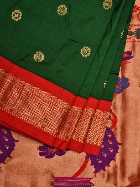 Green and Red Paithani Silk Handloom Saree with Pallu Design p0414