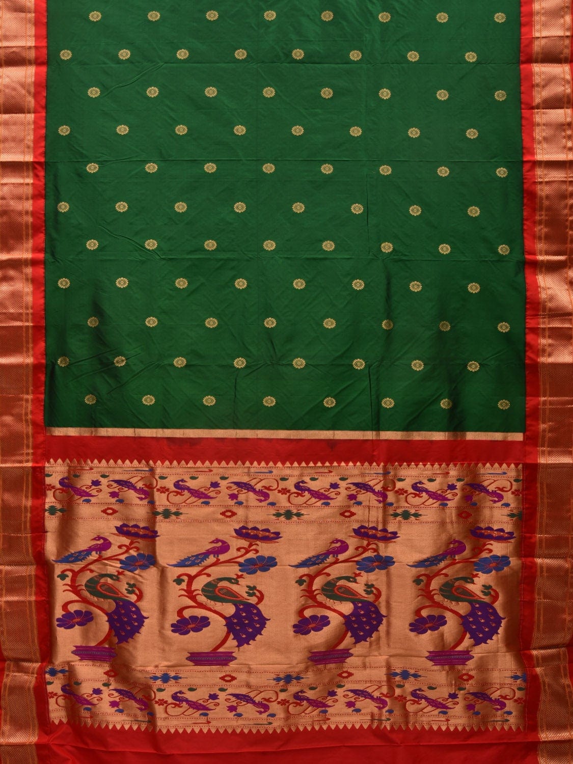 Green and Red Paithani Silk Handloom Saree with Pallu Design p0414