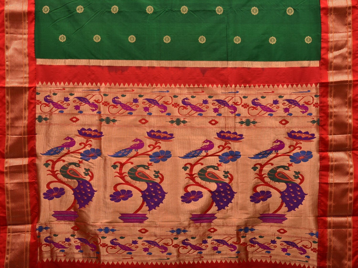 Green and Red Paithani Silk Handloom Saree with Pallu Design p0414