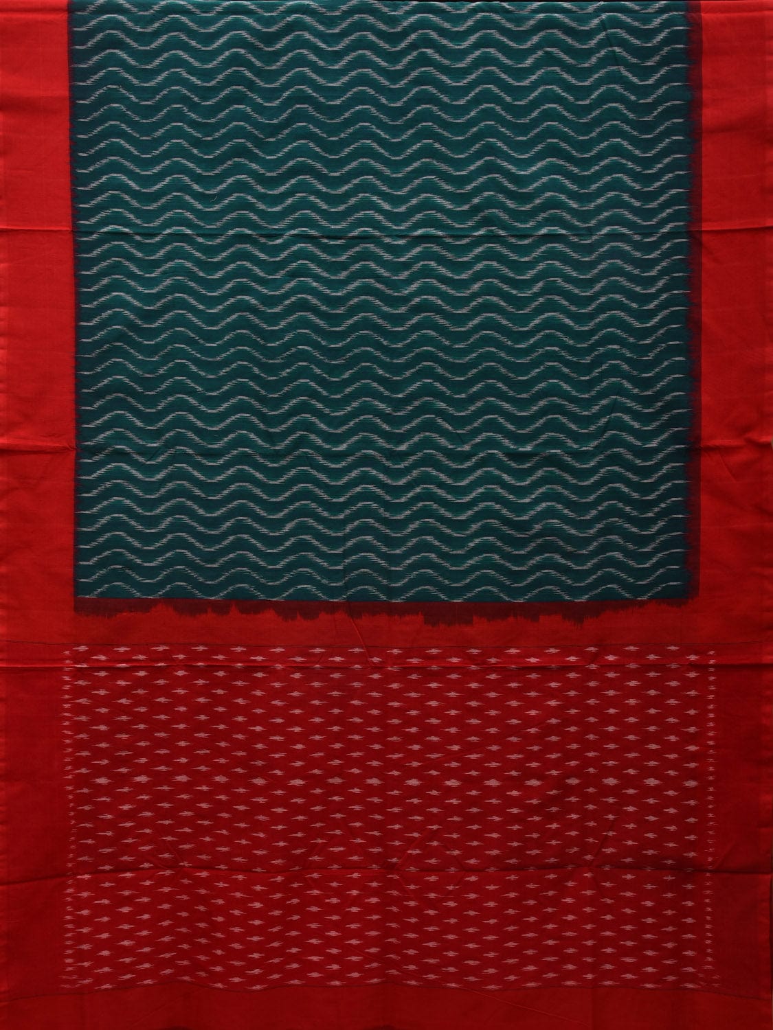 Green and Red Pochampally Ikat Cotton Handloom Saree with Waves Design i0709
