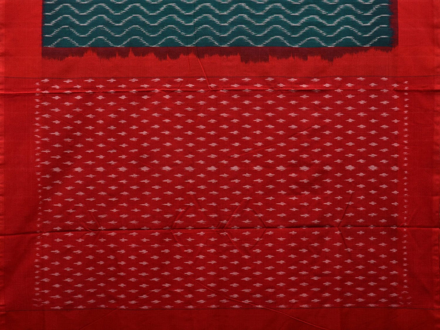 Green and Red Pochampally Ikat Cotton Handloom Saree with Waves Design i0709
