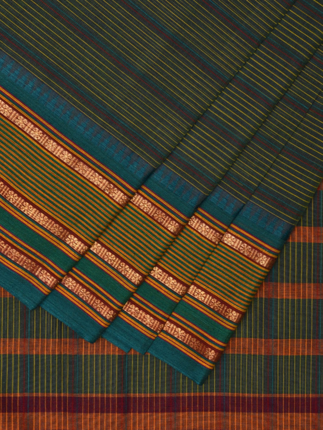 Green and Turquoise Narayanpet Cotton Handloom Saree with Strips Design No Blouse np1006