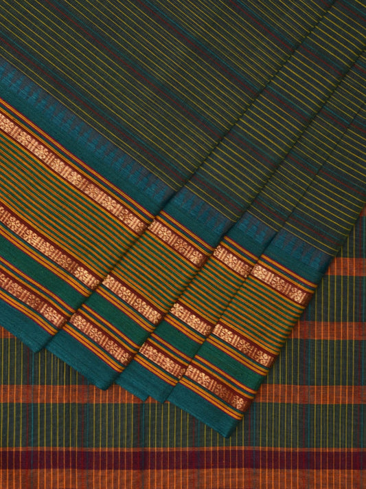 Green and Turquoise Narayanpet Cotton Handloom Saree with Strips Design No Blouse np1006