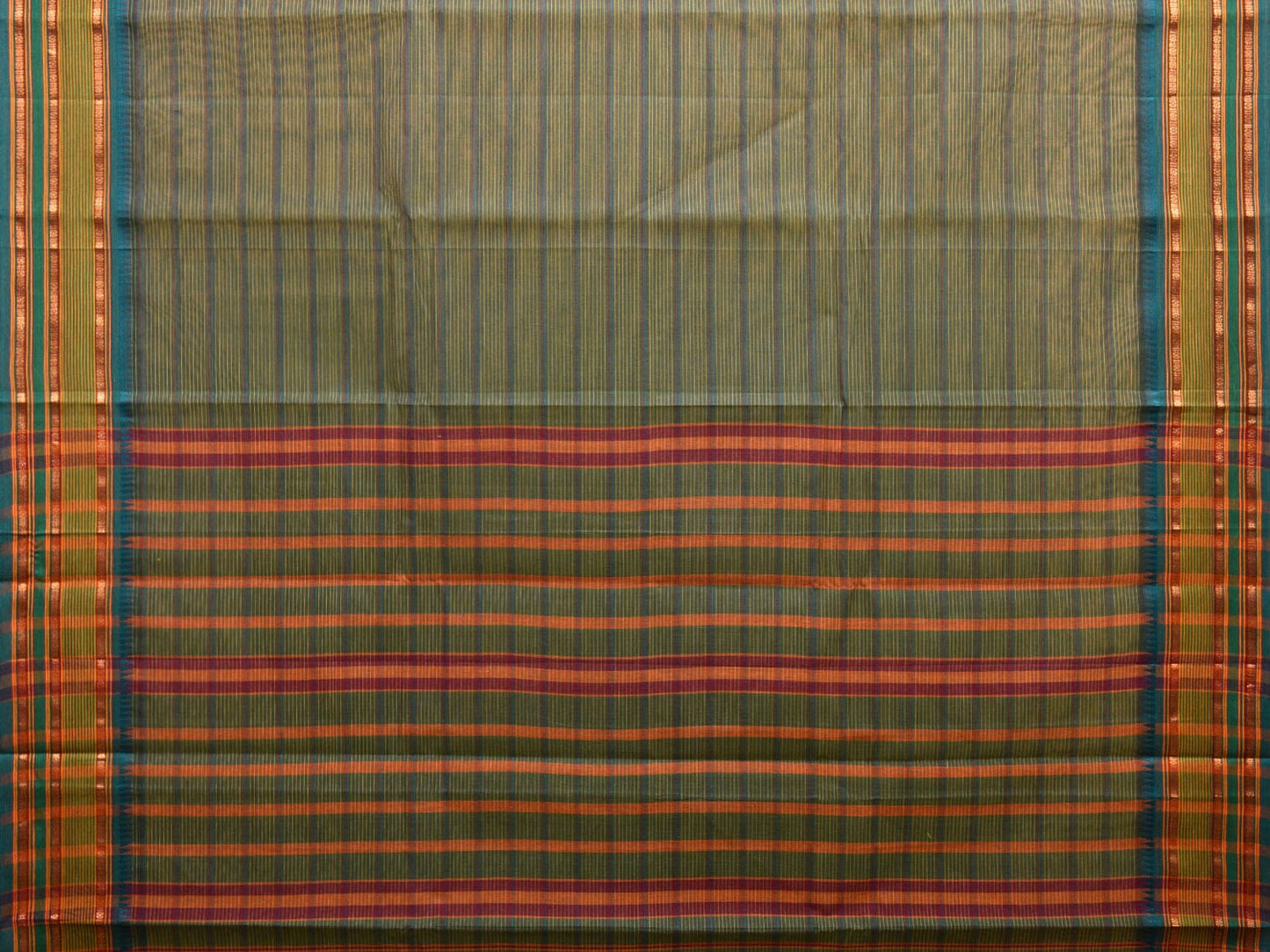 Green and Turquoise Narayanpet Cotton Handloom Saree with Strips Design No Blouse np1006