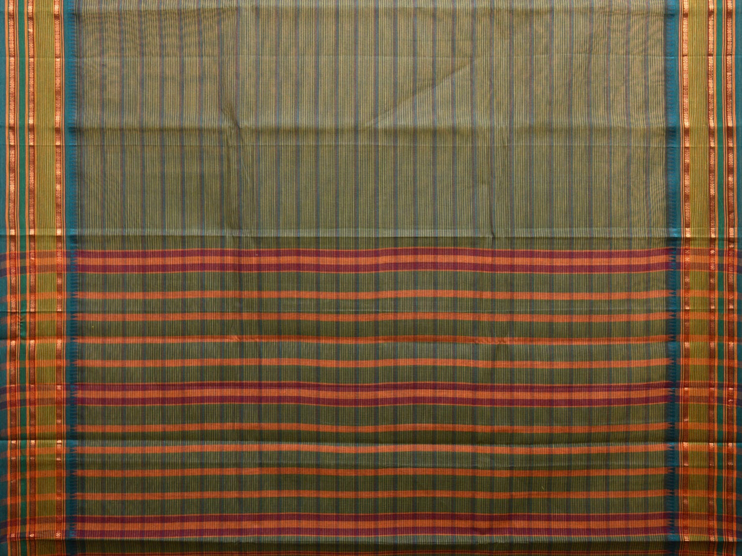 Green and Turquoise Narayanpet Cotton Handloom Saree with Strips Design No Blouse np1006