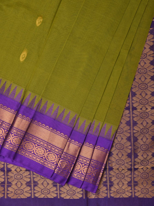 Green and Violet Gadwal Cotton Plain Saree with Body Buta and Pallu Design No Blouse g0360