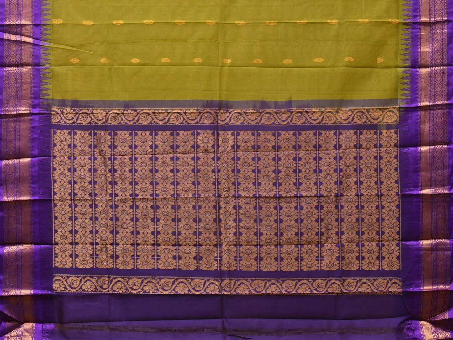Green and Violet Gadwal Cotton Plain Saree with Body Buta and Pallu Design No Blouse g0360