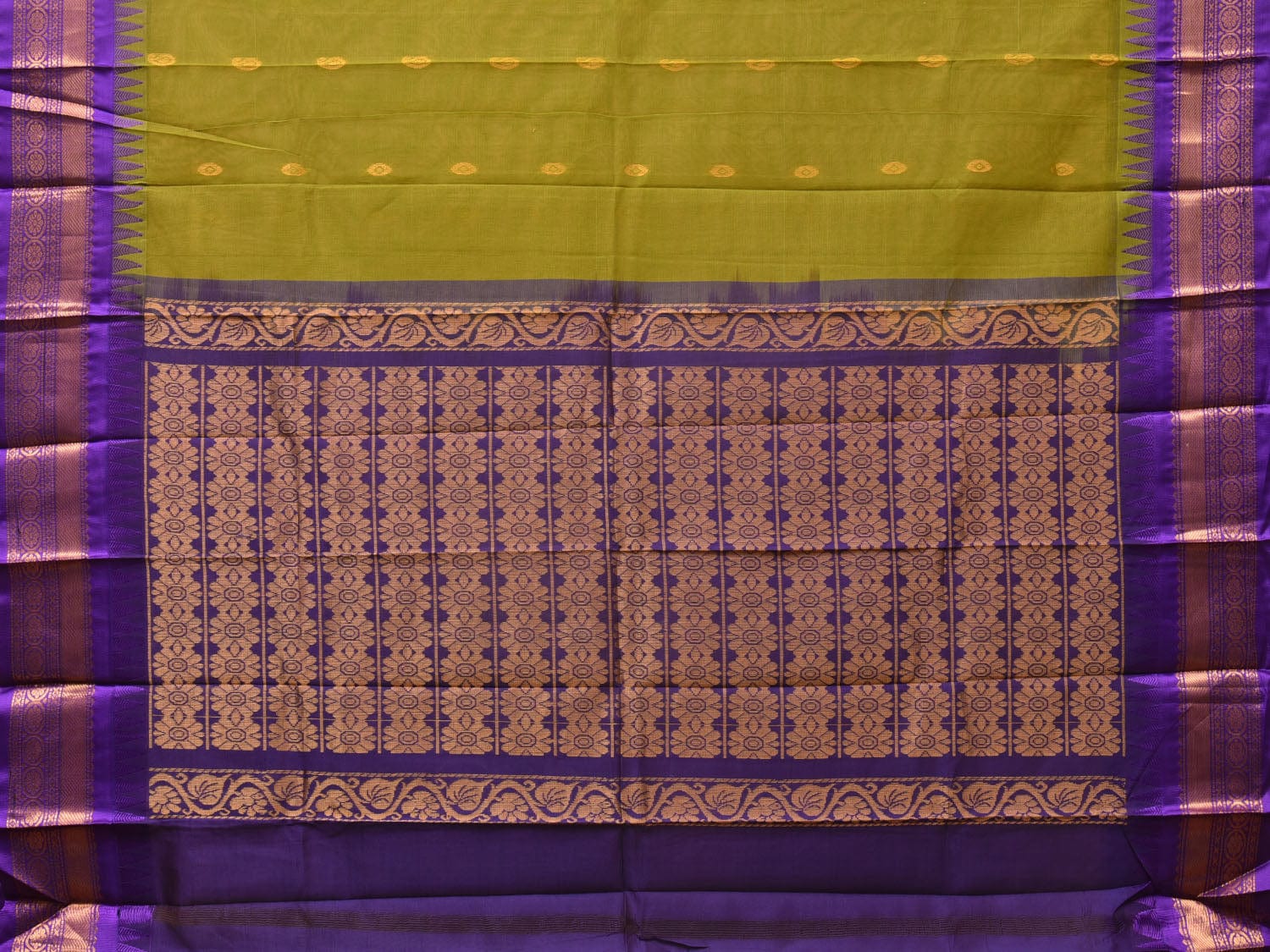 Green and Violet Gadwal Cotton Plain Saree with Body Buta and Pallu Design No Blouse g0360