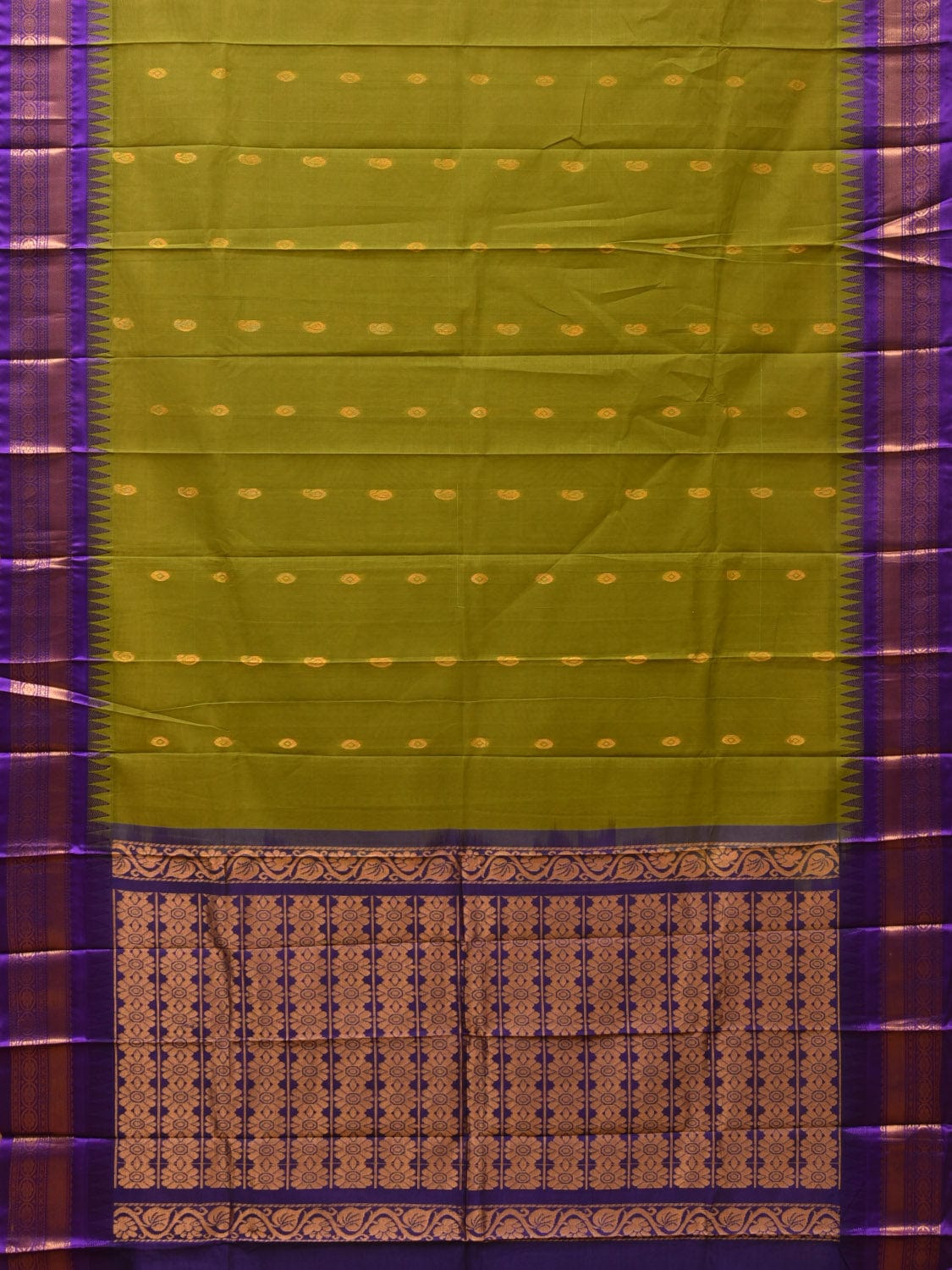 Green and Violet Gadwal Cotton Plain Saree with Body Buta and Pallu Design No Blouse g0360