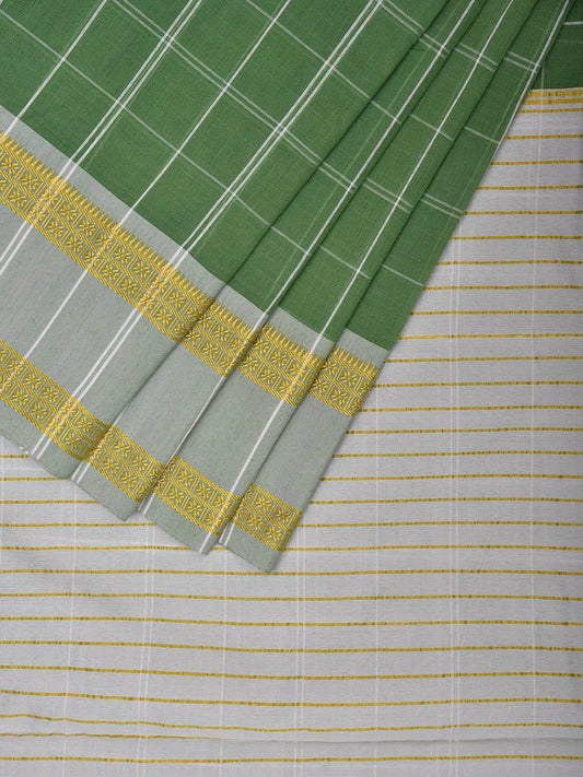 Green and White Bamboo Cotton Saree with Big Checks Design No Blouse bc0643