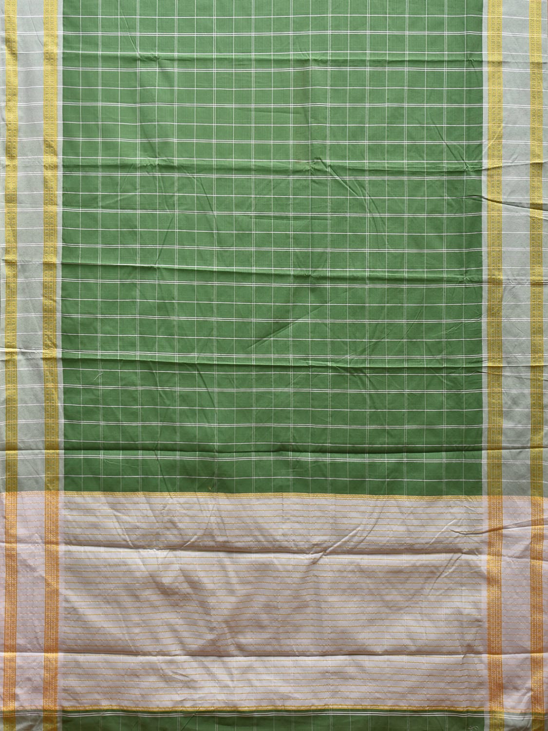 Green and White Bamboo Cotton Saree with Big Checks Design No Blouse bc0643